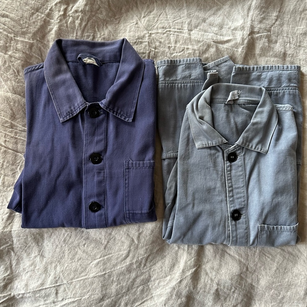 2 vintage chore coats, indigo and pale blue, size small